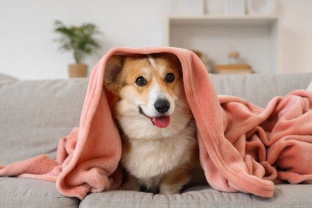 Cute Corgi dog with pink plaid lying on sofa at homeの写真素材