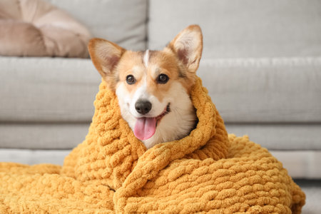 Cute Corgi dog with orange plaid at home, closeupの写真素材