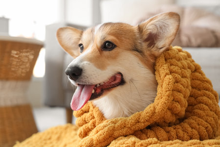 Cute Corgi dog with orange plaid at home, closeupの写真素材