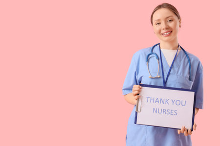 Female doctor holding clipboard with text THANK YOU NURSES on pink background. International Nurses Dayの写真素材
