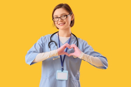 Female doctor making heart gesture on yellow background. International Nurses Dayの写真素材