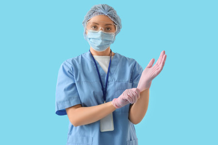 Female doctor in medical mask with gloves on blue background. International Nurses Dayの写真素材