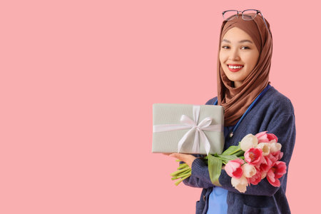 Female Muslim doctor with gift and tulips on pink background. International Nurses Dayの写真素材