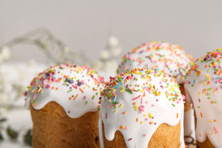 Sweet Easter cakes on light background, closeup