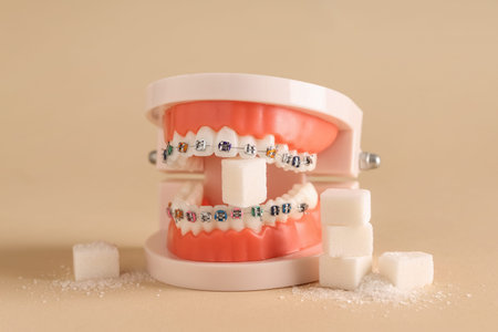 Jaw model with braces and sugar cubes on beige backgroundの写真素材