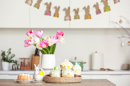 Vase with tulips, Easter cakes and eggs on table in kitchenの写真素材