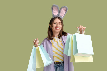 Young woman in bunny ears with shopping bags on green background. Easter celebration