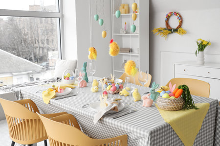 Interior of dining room with beautiful table setting for Easter celebrationの写真素材