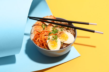 Bowl of ramen noodle soup with chicken and Korean carrot salad on colorful background
