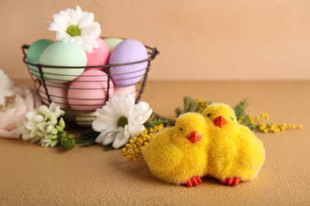 Composition with decorative chickens, flowers and Easter eggs on beige background, closeup