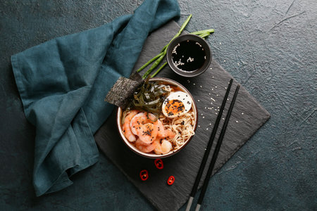 Bowl of ramen noodle soup with shrimps and seaweed sheets on dark background