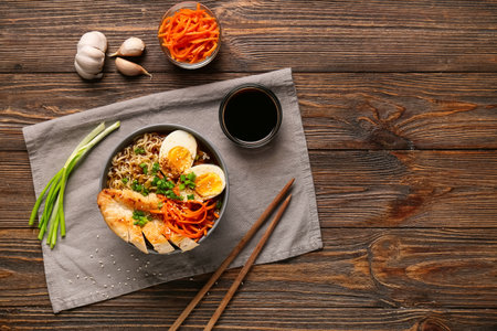 Bowl of ramen noodle soup with chicken and Korean carrot salad on wooden backgroundの写真素材