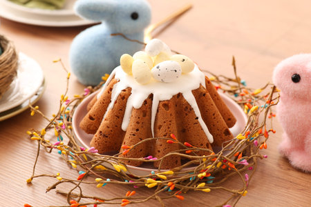 Sweet Easter bread and toy rabbits on wooden table