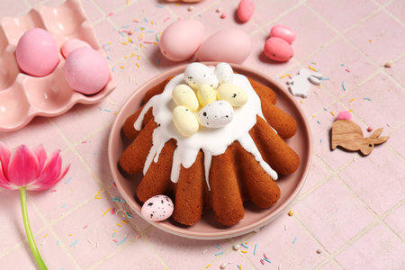Plate of sweet Easter bread with eggs, rabbits and tulip flower on pink tile background