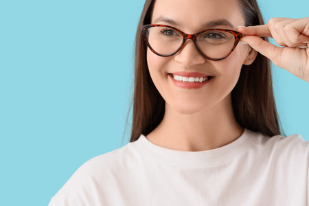 Beautiful young happy woman in new eyeglasses on blue background