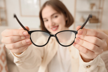 Beautiful young happy woman with new eyeglasses at homeの写真素材