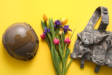 Beautiful tulip flowers with military uniform on yellow background. International Women's Day celebrationの写真素材