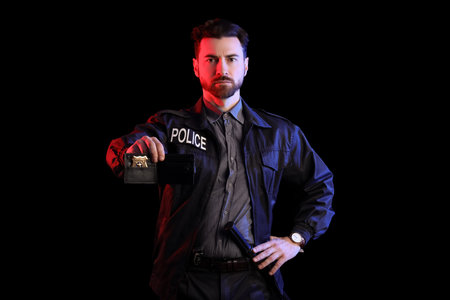 Male police officer showing badge on black background