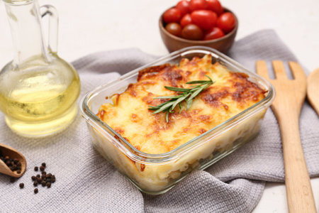 Baking dish with tasty pasta, rosemary, peppercorns and jug of butter on light backgroundの写真素材
