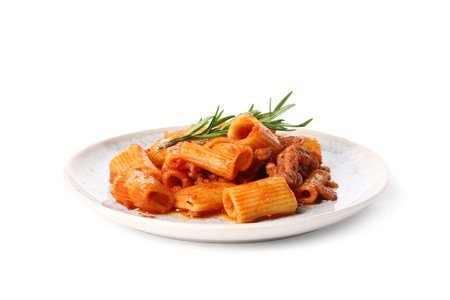 Plate with tasty baked pasta and rosemary on white backgroundの写真素材