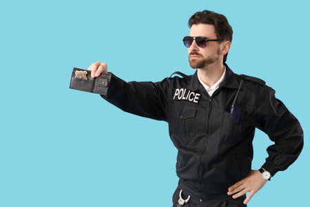 Male police officer showing badge on blue backgroundの写真素材