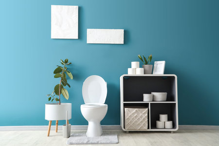 Interior of restroom with toilet bowl, shelf unit and plants