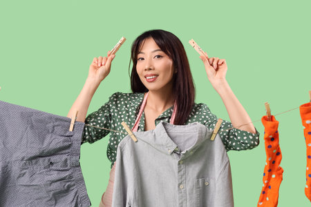 Happy young Asian woman with hanging laundry and clothespins on green backgroundの写真素材