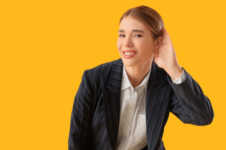 Young businesswoman trying to hear something on yellow backgroundの写真素材