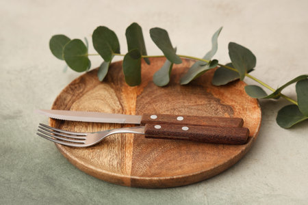 Stylish table setting with wooden plate, cutlery and eucalyptus branch on grunge backgroundの写真素材