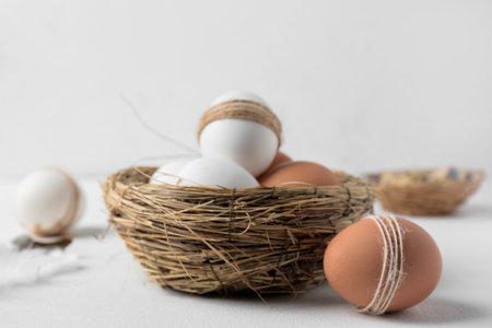 Decorative nest with Easter eggs on white background, closeupの写真素材
