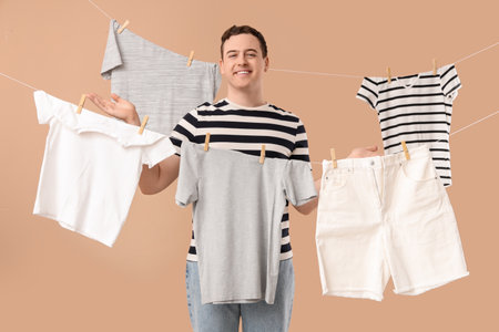 Handsome young man with hanging clean clothes and wooden clothespins on beige backgroundの写真素材