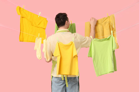 Young man hanging clean clothes with plastic clothespins on pink background, back viewの写真素材
