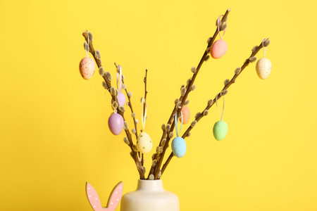 Vase with willow branches and colorful Easter eggs on yellow background