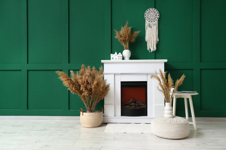 Fireplace and pampas grass in vases near green wall in roomの写真素材