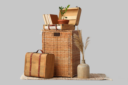 Wicker basket with suitcases and pampas grass on gray backgroundの写真素材