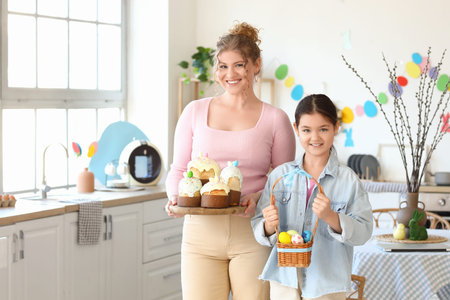 Teenage girl and her mother holding Easter cakes with eggs in kitchenの写真素材