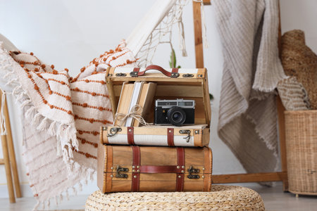 Vintage suitcases with photo camera and books on pouf in roomの写真素材