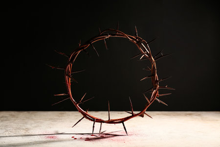 Crown of thorns with blood on white grunge table against dark backgroundの写真素材