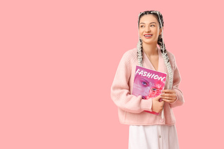 Beautiful young stylish happy woman with magazine on pink backgroundの写真素材