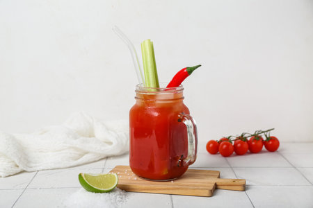 Mason jar of bloody mary cocktail with chili pepper, celery and lime on white tile tableの写真素材