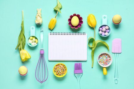 Composition with blank notebook for recipes, baking tools, Easter eggs and colorful sprinkles on color backgroundの写真素材