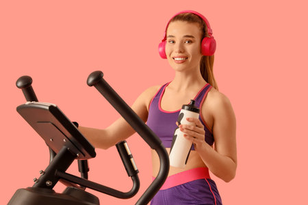 Sporty young woman with headphones and water bottle training on modern exercising bike against pink backgroundの写真素材