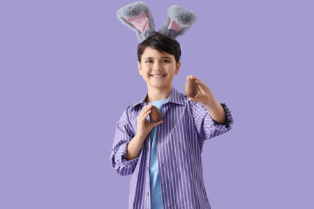 Cute boy in bunny ears with sweet chocolate eggs on lilac background. Easter celebration