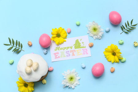 Easter postcard with eggs, flowers and cake on blue background