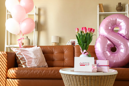 Vase with tulips, gifts and greeting card for Women's Day on table in living room