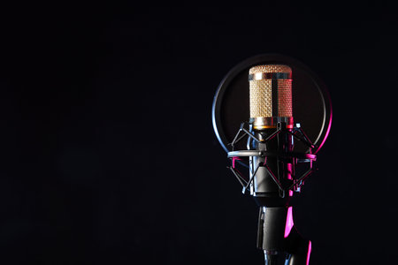 Stand with professional microphone on black background, closeupの写真素材