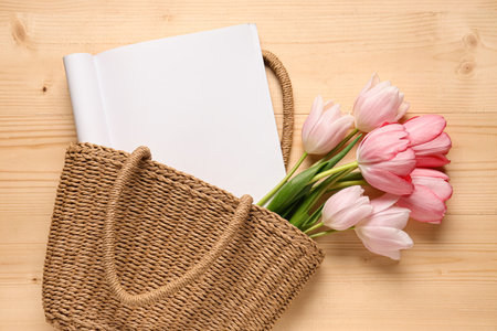 Wicker basket with blank fashion magazine and tulip flowers on wooden background. Spring season conceptの写真素材