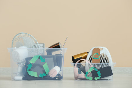 Containers with electronic waste for recycling near beige wallの写真素材