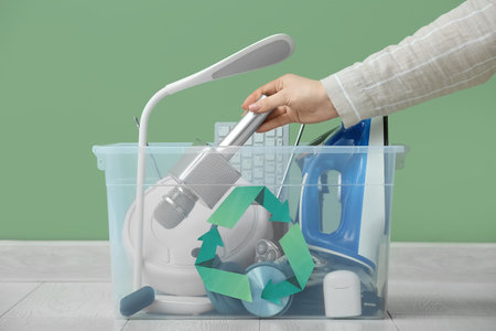 Female hand with electronic waste for recycling in container near green wallの写真素材