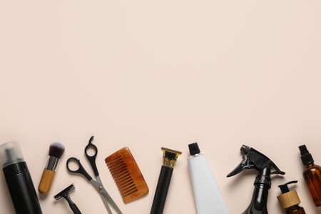 Set of male shaving accessories on beige backgroundの写真素材